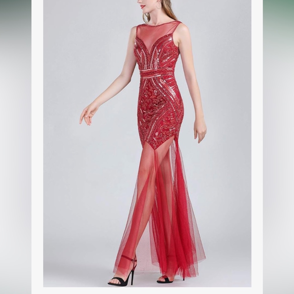 NWT DOSE Elegant  burgundy (dark red) sequin/beads Evening maxi dress size L